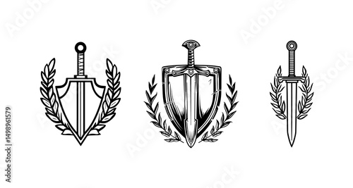 Sword and shield set with laurel wreaths, Roman style