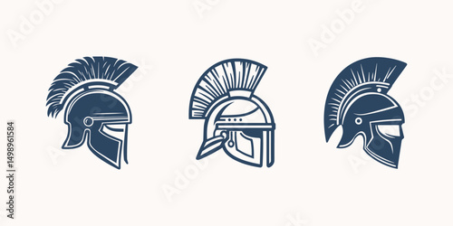 Stylized Roman gladiator helmets in monochromatic blue.