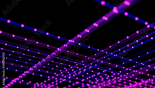 Abstract 3D render of glowing pink and purple lines and dots on a dark background photo