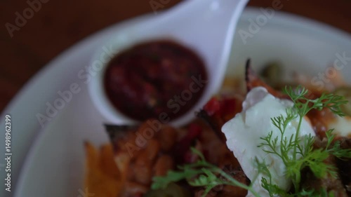 Loaded cheese and chilli nacho  taco topping Mexican famous food 4k