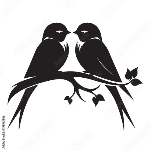 Romantic Birds on Branch Vector Illustration of Two Birds Perched on a Tree Branch