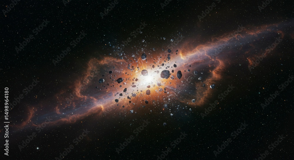 Fototapeta premium Cosmic explosion in nebula. Fragments of celestial bodies