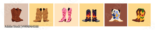 Set of fashion cowboy boots. Stylish pairs of cowgirl shoes with cute patterns. Old Western American leather footgear. Different vintage Wild West or Mexican footwears. Flat vector illustrations