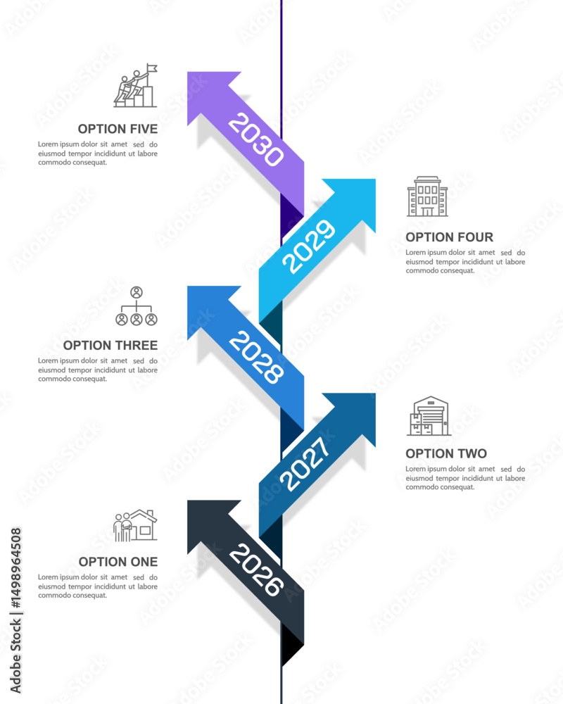 Infographic vertical timeline arrows crossed showing business growth. Presentation, Brochure, Banner, Timeline and Strategy. Vector illustration.
