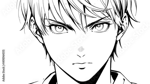 Close up anime boy face black and white illustration