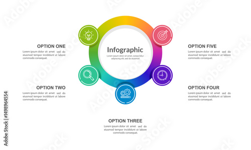 Colorful ring infographic with 5 process circles. Banner, Presentation, Plan, Brochure and Strategy. Vector illustration.