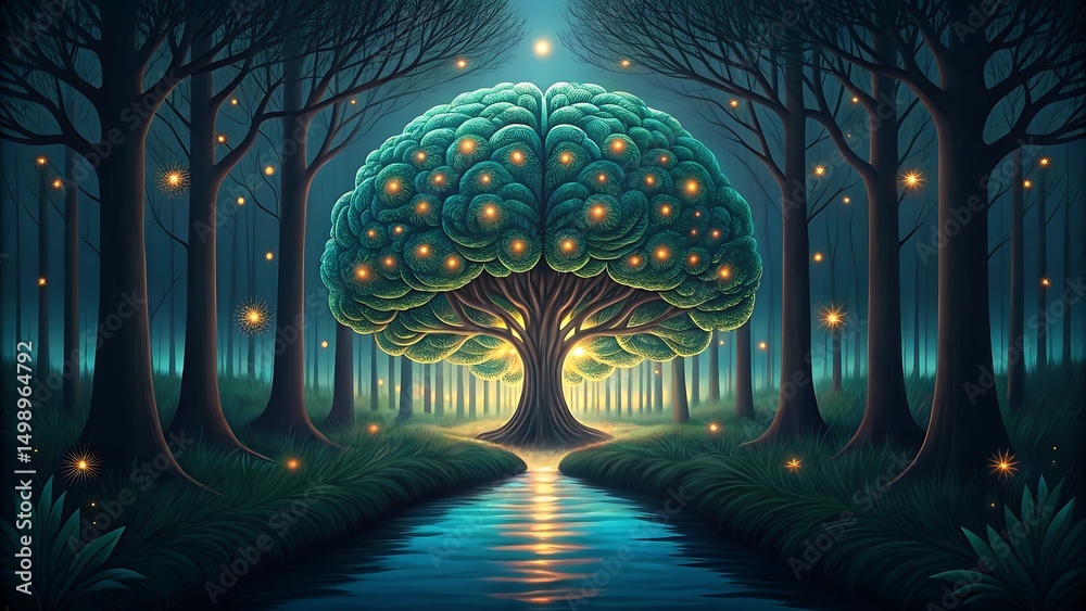 Obraz premium Enchanted Forest Luminous Tree of Life in Mystical Night