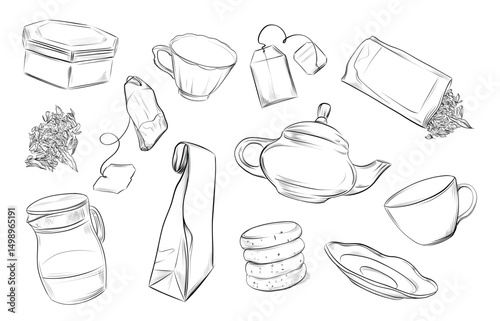 Big herbal tea set with packaging and cups vector