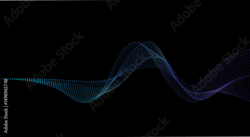 Vector abstract light dot particle wavy flowing dynamic in blue green colors isolated on black background. Suit for AI technology, digital, communication, website, flyer. Vector illustration