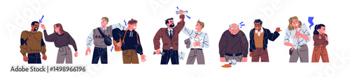 Angry people are in conflict set. Problems of communication, misunderstanding and disagreement. Furious men and women shout at, argue at quarrel. Flat isolated vector illustrations on white background