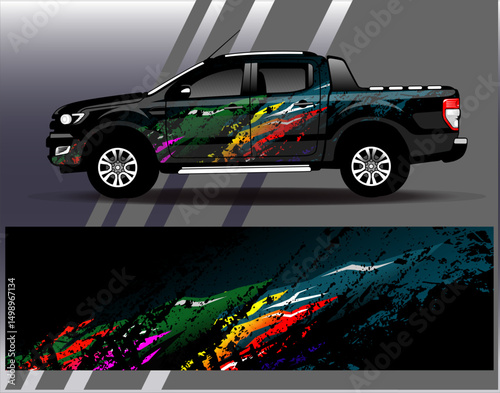 Car wrap design vector. Graphic abstract stripe racing background designs for vehicle, rally, race, adventure and car racing livery photo