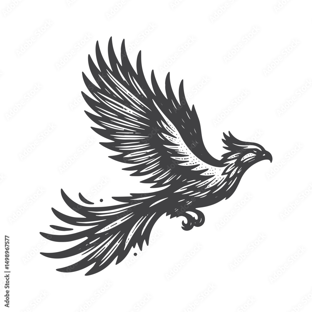 Obraz premium Vintage Hand-Drawn Phoenix Flying Side View Illustration – Mythical Engraved Style Vector for T-Shirts, Posters, Stickers, and Fantasy Apparel