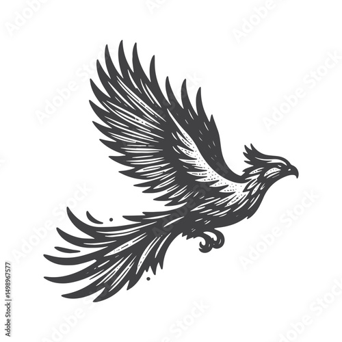 Vintage Hand-Drawn Phoenix Flying Side View Illustration – Mythical Engraved Style Vector for T-Shirts, Posters, Stickers, and Fantasy Apparel