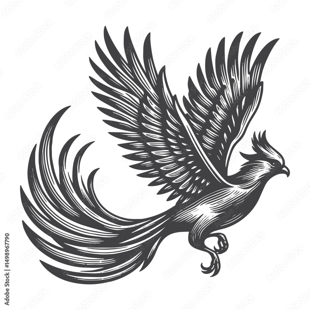 Fototapeta premium Vintage Hand-Drawn Phoenix Flying Side View Illustration – Mythical Engraved Style Vector for T-Shirts, Posters, Stickers, and Fantasy Apparel