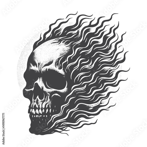 Vintage Hand-Drawn Skull with Eerie Mist Surrounding Illustration – Gothic Engraved Style Vector for T-Shirts, Posters, Stickers, and Haunted Horror Apparel