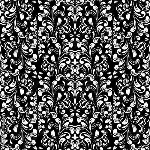 Wallpaper in the style of Baroque. White and black floral ornament. Seamless vector background. Graphic pattern for fabric, wallpaper, packaging. Ornate Damask flower illustration.