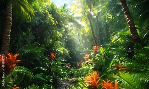 Lush tropical jungle with vibrant flowers and sunlight filtering through dense foliage