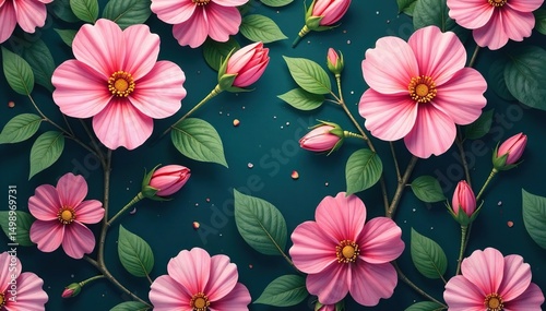 Delicate blooming flowers, lush leaves, continuous pattern, flower pattern, texture pattern