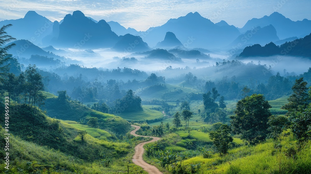 Fototapeta premium Misty mountain road winding through valley