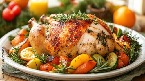 Roasted chicken, vegetables, festive table, holiday dinner