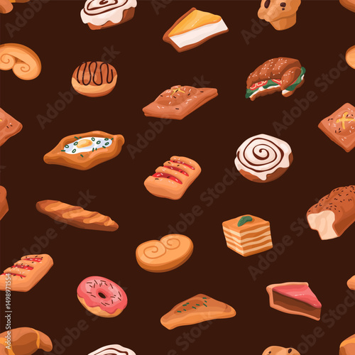 Endless background with bakery, fresh pastry, baked goods. Repeatable pattern of flour desserts, food: croissants, muffins, flaky buns, donuts, cheesecakes, baguette. Flat seamless vector illustration