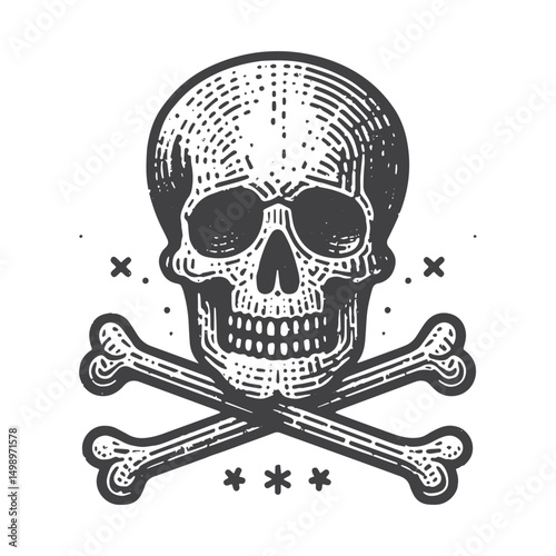 Vintage Hand-Drawn Skull With Crossbones Illustration – Pirate Engraved Style Vector for T-Shirts, Posters, Stickers, and Nautical Themes Apparel