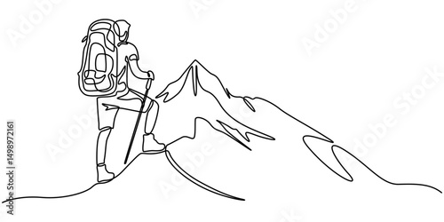 Continuous single one drawn line of the tourist character tourist with a backpack on a halt, Man climbs the mountains in one continuous line drawing. Traveler with backpack is hiking in simple linear.