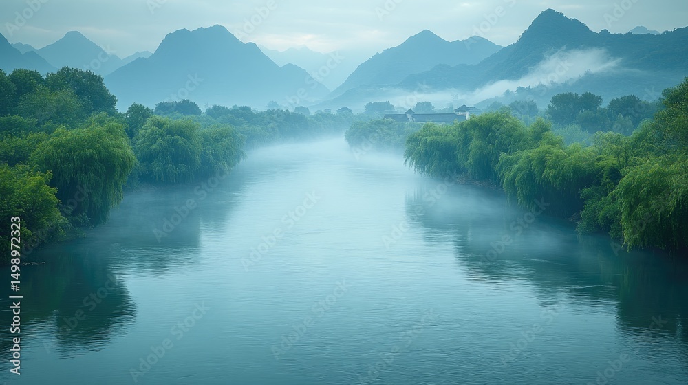 Naklejka premium Misty river, mountains, bamboo, tranquil Asian landscape