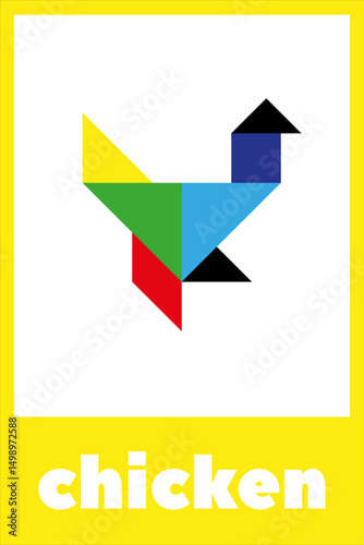 Tangram puzzle for children. Colorful geometric representation of a chicken using vibrant shapes in playful design. Educational card for children on a white background. Free Download Tangram puzzle for children. Colorful geometric representation of a chicken using vibrant shapes in playful design. Educational card for children on a white background. - GFXLoad