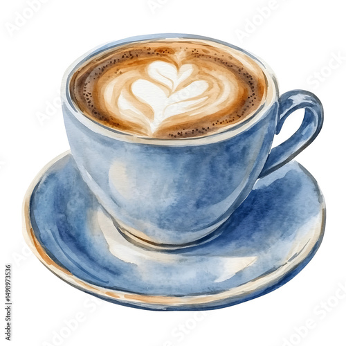 Watercolor coffee cup with heart latte art on transparent background