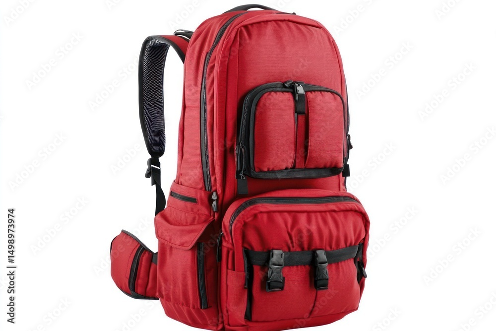 Fototapeta premium upright red travel backpack with compartments, white background