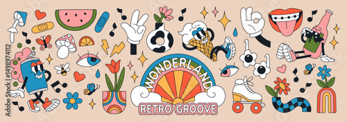 Retro stickers of 70s set. Funky hand gestures, flowers, rainbow, characters in groovy style. Doodle elements with summer vibe of 80s, funny hippie aesthetics. Flat isolated vector illustrations