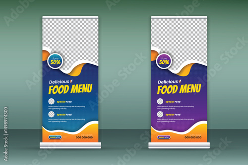 Delicious food menu roll-up banner design template for restaurant in purple and blue color bundle, modern and special fast food menu design pull-up banner for business promotion set