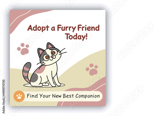 Adopt, don't shop! Creative square banner template. Naive illustration with young woman, who hugging her adopted dog with big heart on background. Flat style. Kawaii clip art with french bulldog.