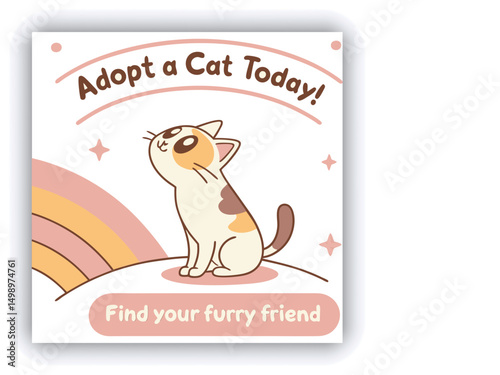 Adopt, don't shop! Creative square banner template. Naive illustration with young woman, who hugging her adopted dog with big heart on background. Flat style. Kawaii clip art with french bulldog.