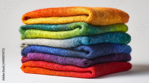 Rainbow knitwear sweater folded on linen, minimal shadow play and white backdrop
