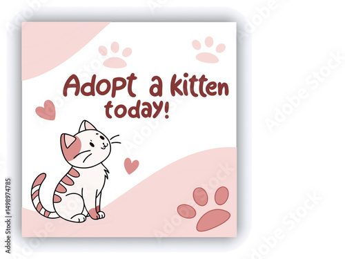 Adopt, don't shop! Creative square banner template. Naive illustration with young woman, who hugging her adopted dog with big heart on background. Flat style. Kawaii clip art with french bulldog.