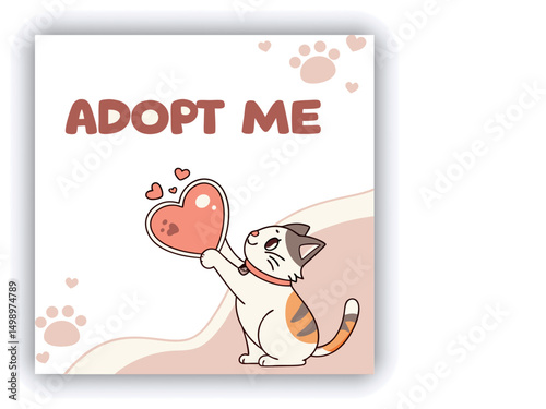 Adopt, don't shop! Creative square banner template. Naive illustration with young woman, who hugging her adopted dog with big heart on background. Flat style. Kawaii clip art with french bulldog.