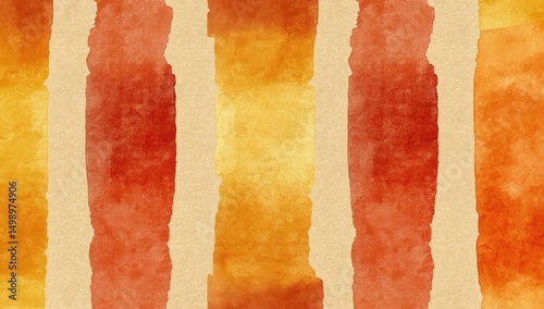 Vertical watercolor stripes in warm oranges, reds, and yellows on a beige background; slightly textured