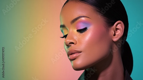 Rainbow makeup look with clean slicked hair, isolated pastel backdrop