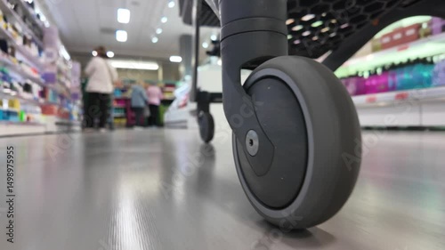 Wallpaper Mural Shopping cart wheel spinning across smooth supermarket floor, highlighting retail movement and consumer experience with industrial clarity Torontodigital.ca
