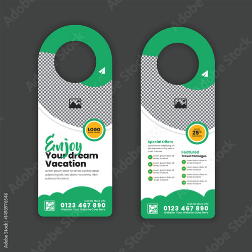Door hanger design template promoting a vacation tourism and travel agency's services and offers