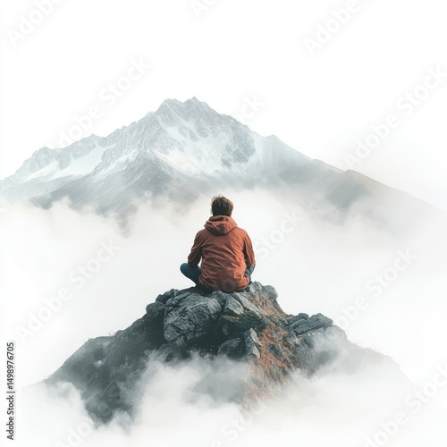 traveler sitting peacefully on peak watching misty landscape isolate on white background