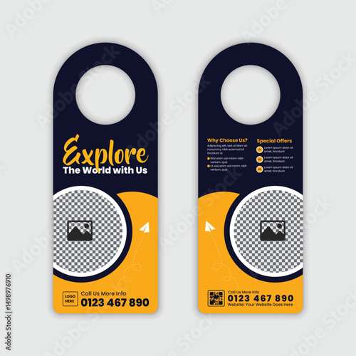 Door hanger design template promoting a vacation tourism and travel agency's services and offers