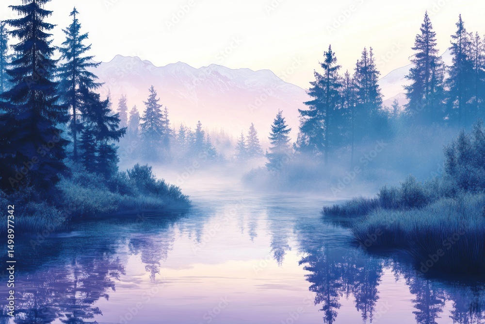 Obraz premium tranquil river in alpine forest at sunrise isolate on white background