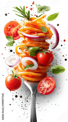 Pasta Spaghetti vegetable on a folk in white background. Popular italian food. AI Generative