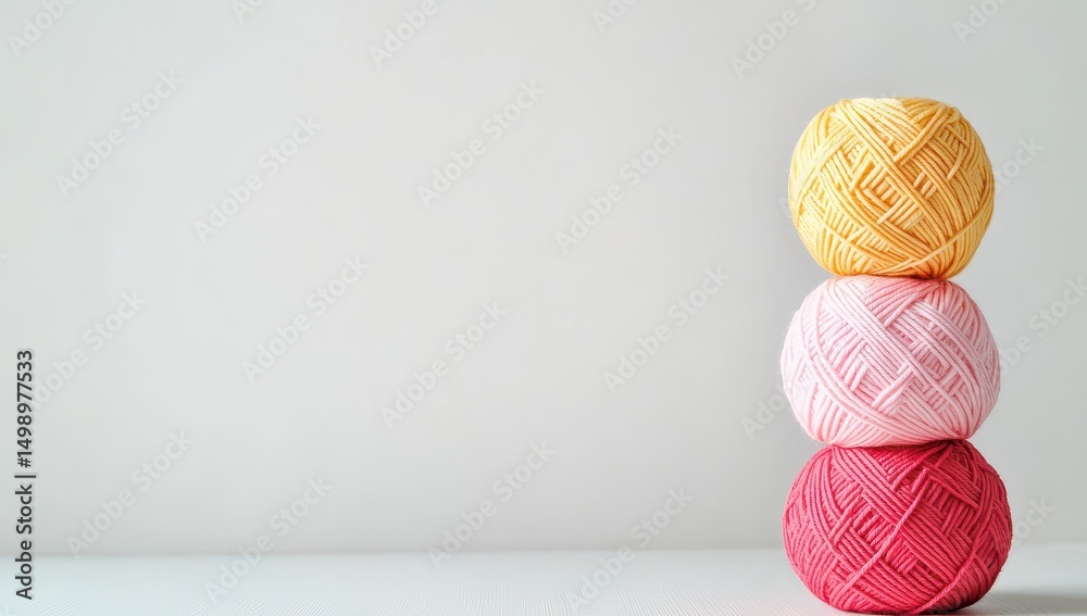 Fototapeta premium Three pastel yarn balls stacked, pale yellow, pink, and coral, against a white background