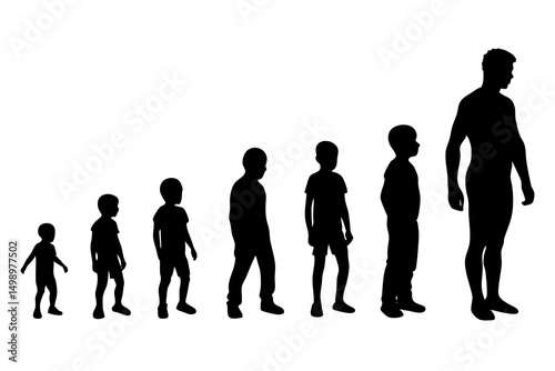 Minimalist Black and White Flat Silhouette Illustration Depicting Human Evolution and Stages of Growth and Development with Simple Clean Design