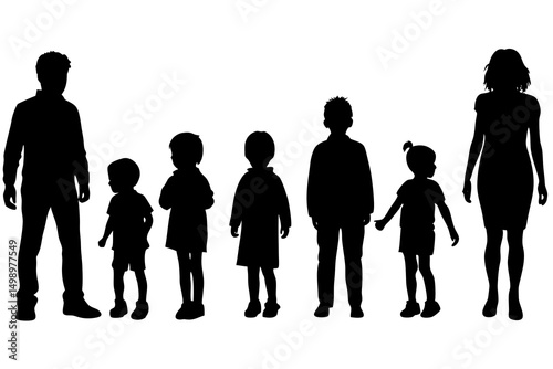 Black and White Simple Minimalist Vector Illustration of Family Silhouette Featuring Various Human Figures in Clean and Modern Style