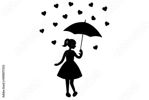 Minimalist Black and White Silhouette Illustration of a Graceful Girl Holding an Umbrella Under Raining Hearts, Simple Elegant Line Art with Whimsical and Delicate Design